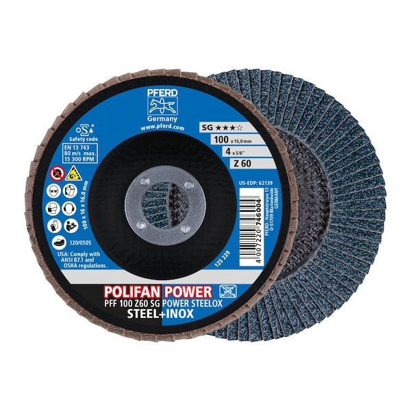 Pferd 4" x 5/8" A.H. POLIFAN Flap Disc - Z SG POWER STEELOX, Zirconia, 60 Grit, Flat 62139 - main